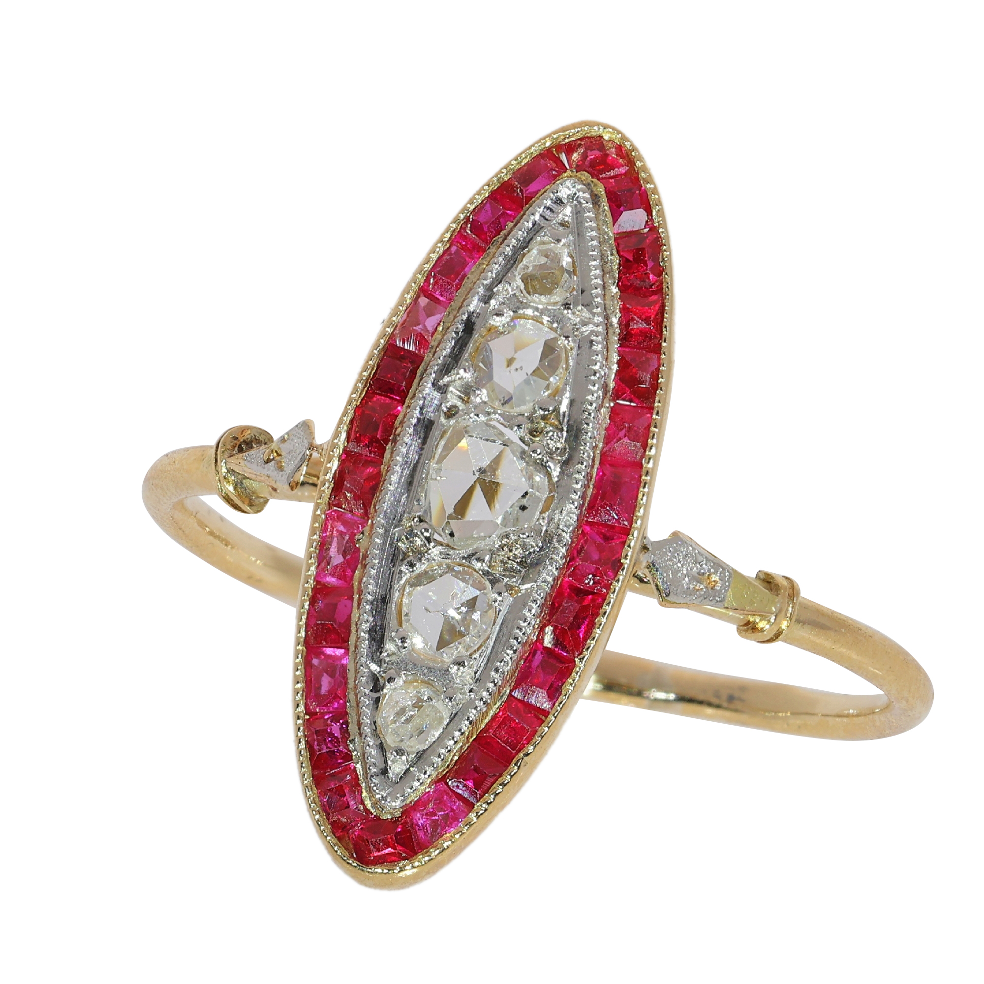 Ruby Framed Art Deco Ring with Rose Cut Diamonds, France circa 1920